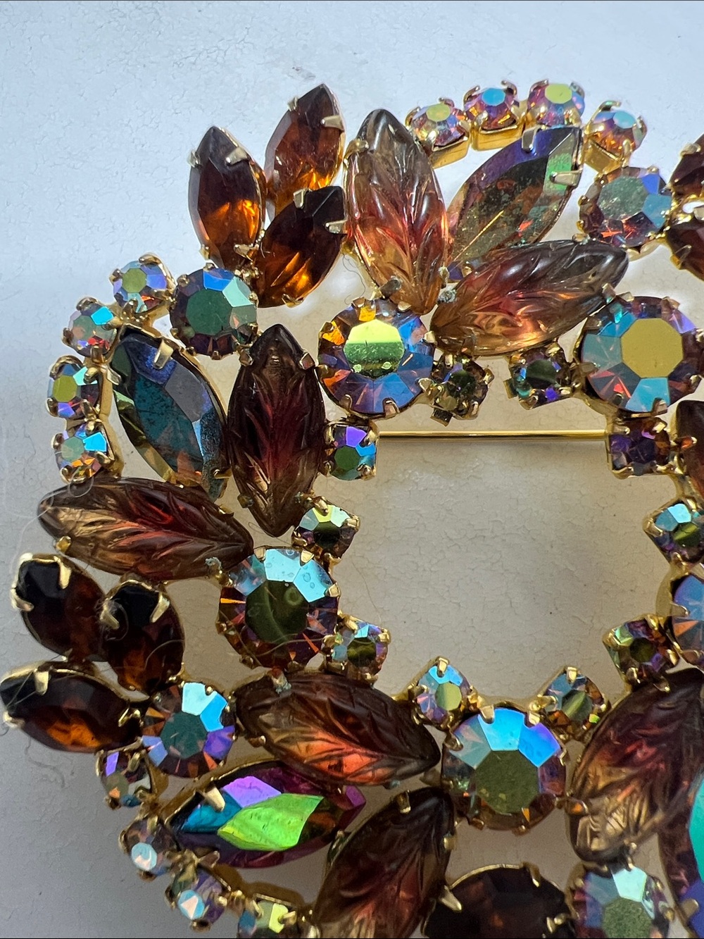 Crystal Vintage Wreath Brooch - Amber and Aurora Borealis - Picture 10 of 16